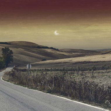 Ay ışığında hasat sonra alanlarındaki İspanya arasındaki asfalt yol. Nefes kesici manzara ve doğa İber Yarımadası'nın