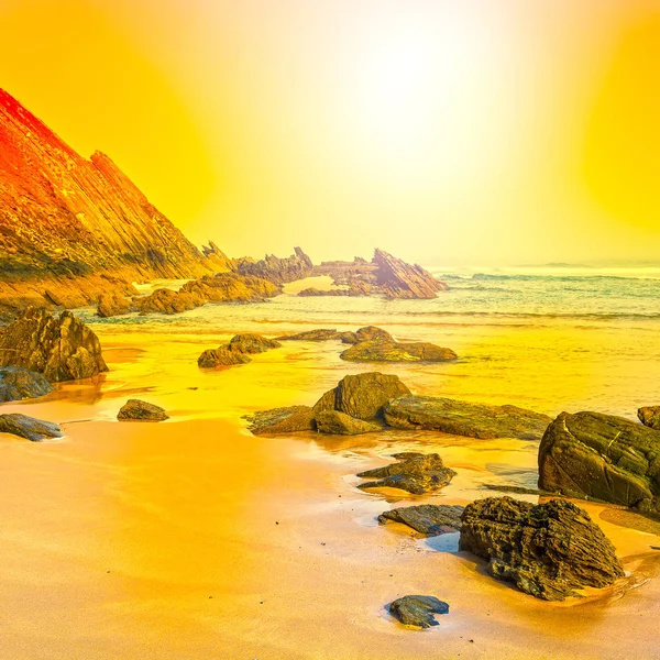 Portugalská Pláž Atlantského Oceánu Ranní Mlze Při Východu Slunce Dech — Stock fotografie