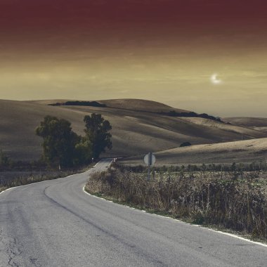 Ay ışığında hasat sonra alanlarındaki İspanya arasındaki asfalt yol. Nefes kesici manzara ve doğa İber Yarımadası'nın
