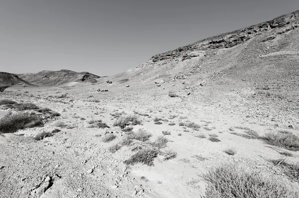 以色列内盖夫沙漠的岩石群山的孤独和空虚 中东令人振奋的风景和大自然 黑白照片 — 图库照片