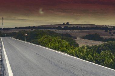 Ay ışığında hasat sonra alanlarındaki İspanya arasındaki asfalt yol. Nefes kesici manzara ve doğa İber Yarımadası'nın