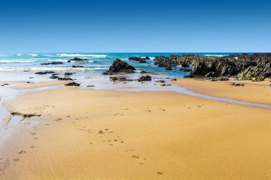 Portekiz Atlantik Okyanusu sahilinde sabah sisinde gün doğumunda. Portekiz 'in nefes kesici manzarası ve doğası, Batı Avrupa' da popüler seyahat merkezi.. 