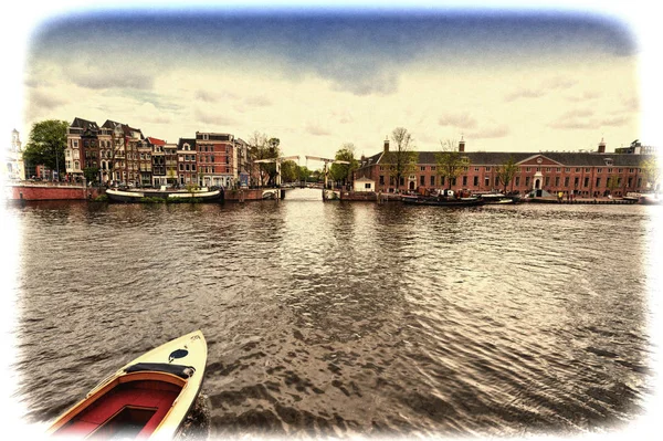 Barco Canal Amsterdam Centro Histórico Ciudad Puente Levadizo Ámsterdam Posición — Foto de Stock