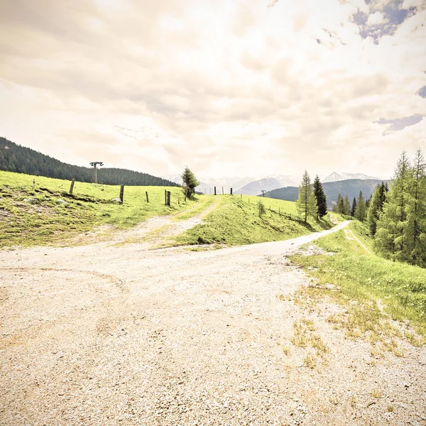 Winding dirt path in Austrian landscape with forests, fields, pastures and meadows. Vintage style