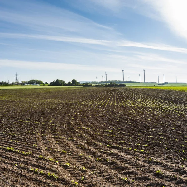 Plowed fields in Austrian landscape with modern wind turbines producing energy