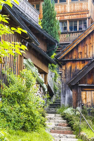 Eső Reggel Köd Osztrák Város Hallstatt Felett Hagyományos Osztrák Középkori — Stock Fotó