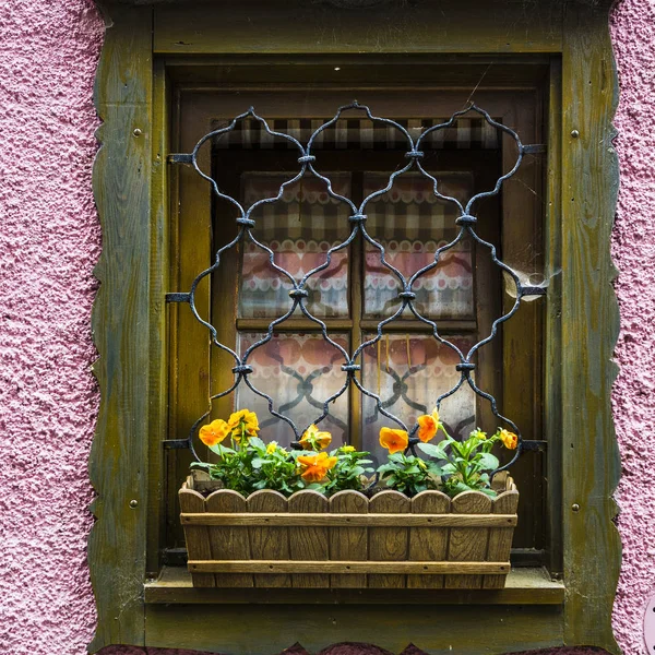 奥地利一个小镇上典型的房子窗户 雨天在奥地利哈尔斯塔特市的家 — 图库照片
