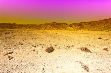 İsrail 'deki Negev Çölü' nün kayalık tepelerinin öfkeli renkleri. Gün batımında Ortadoğu 'nun nefes kesici manzarası ve doğası