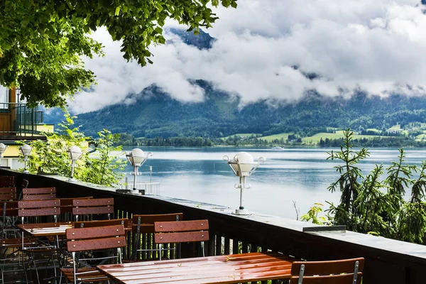 Outdoor Cafe Lake Wolfgangsee Austria Morning Mist Rain Clouds Austrian — Stock Photo, Image