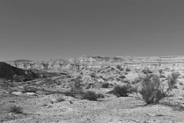以色列内盖夫沙漠的落基山脉 以色列南部沙漠的沙漠岩层景观令人惊叹 黑白照片 — 图库照片