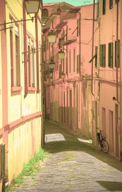 Ortaçağ İtalyan şehrinin mimarisi, dar sokaklar, kepenkli pencereler, taş kaldırımlar ve antik çağın ruhu. Retro biçimi