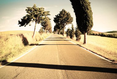 Toskana peyzaj alanları, çayırlar ve düz asfalt yol. Retro tarzı