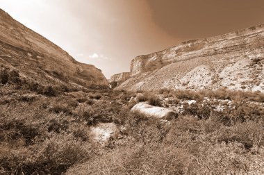 Negev Çölü İsrail kayalık tepelerinde. Nefes kesici manzara çöl kaya oluşumları Güney İsrail Çölü'nde. Vintage tarzı sepya fotoğraf