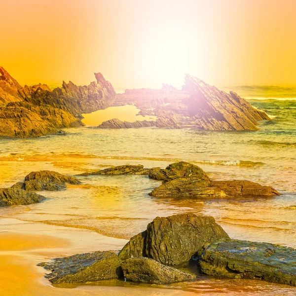 Portuguese Atlantic Ocean Beach Morning Mist Sunrise Breathtaking Landscape Nature — Stock Photo, Image