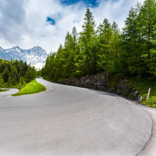 Sinuoso Camino Asfalto Paisaje Austriaco Con Bosques Campos Pastos Prados —  Fotos de Stock