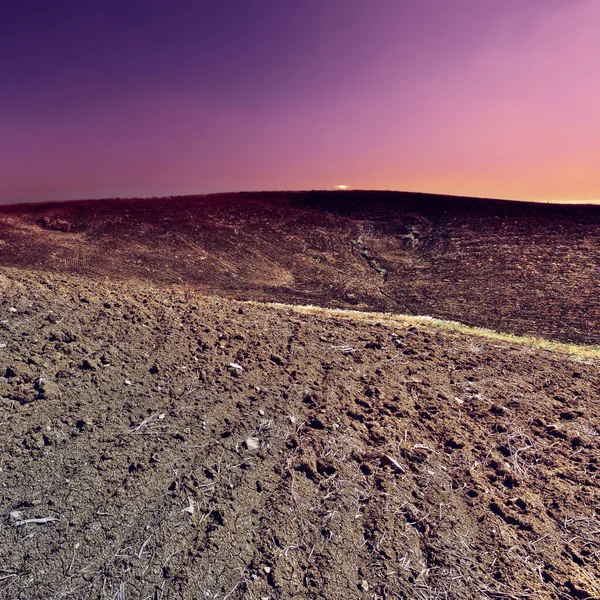 Abfallende Hügel Siziliens Frühling Bei Sonnenuntergang Gepflügt — Stockfoto