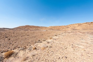 İsrail çölündeki kaya oluşumlarının nefes kesici manzarası. Tozlu dağlar wadiler ve derin kraterler tarafından kesildi..