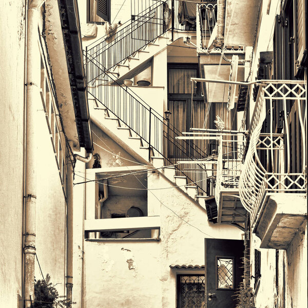 Narrow Street as Stairs in Italian City of Cetara, Retro Image Filtered Style