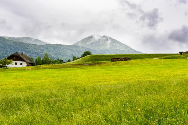 Morning mist over the Austrian landscape with forests, mountains, pastures, meadows and villages.  Rain and clouds in rural Austria. Vintage style