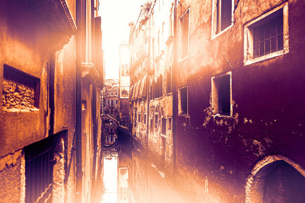 Deserted Venice at dawn in a contemporary style. Museum City is situated across a group of islands that are separated by canals and linked by empty bridges.