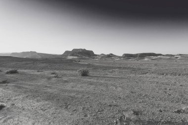 İsrail 'deki Negev Çölü' nün kayalık tepelerinde siyah beyaz dramatik bir sahne. Ortadoğu 'nun nefes kesici manzarası ve doğası. 