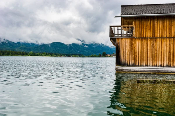 Rain Clouds Wolfgangsee Austria Morning Mist Austrian Landscape Lake Boat — Stock Photo, Image