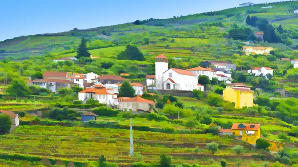 Vesnice Kostelem Obklopen Vinicemi Kopcích Portugalska Stylizované Fotografie — Stock fotografie