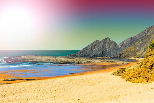 Portugisiska Atlanten Stranden Morgonen Dimma Vid Soluppgången Häpnadsväckande Landskap Och — Stockfoto