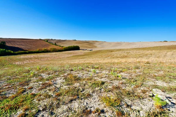 イタリアの畑の上にわらの俵を持つ風景 収穫後のトスカーナの風景 — ストック写真