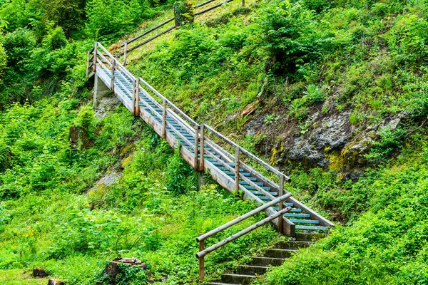 Ranní Mlha Nad Rakouskou Krajinou Dřevěným Schodištěm Déšť Venkově Rakousku — Stock fotografie