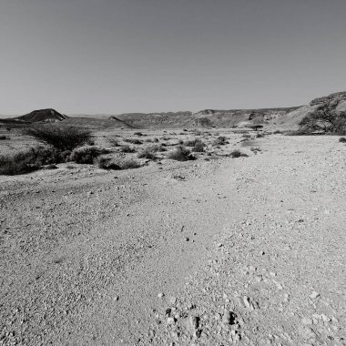 İsrail 'deki Negev Çölü' nün kayalık tepelerinde siyah beyaz dramatik bir sahne. Ortadoğu 'nun nefes kesici manzarası ve doğası. 