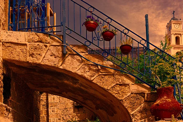 Área Jaffa Restaurado Velho Israel Por Sol Pórtico Pedra Antiga — Fotografia de Stock