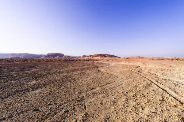 イスラエルのネゲヴ砂漠の岩の丘 南イスラエルの岩の形成の息をのむような風景 ワディスと深いクレーターによって中断された埃っぽい山々 — ストック写真