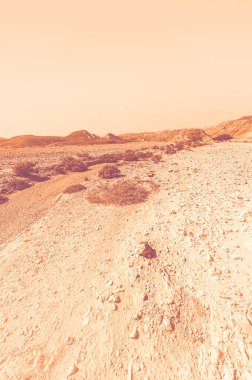 İsrail çölündeki kaya oluşumlarının nefes kesici manzarası şafak vakti çağdaş bir tarzda. Yalnızlık, umutsuzluk ve depresyon kavramı olarak cansız ve ıssız bir sahne..