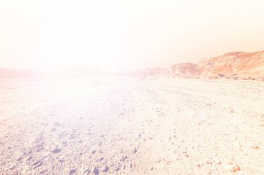 İsrail çölündeki kaya oluşumlarının nefes kesici manzarası şafak vakti çağdaş bir tarzda. Yalnızlık, umutsuzluk ve depresyon kavramı olarak cansız ve ıssız bir sahne..