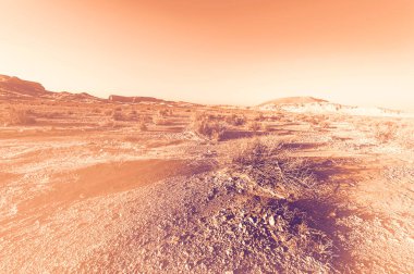 İsrail çölündeki kaya oluşumlarının nefes kesici manzarası şafak vakti çağdaş bir tarzda. Yalnızlık, umutsuzluk ve depresyon kavramı olarak cansız ve ıssız bir sahne..