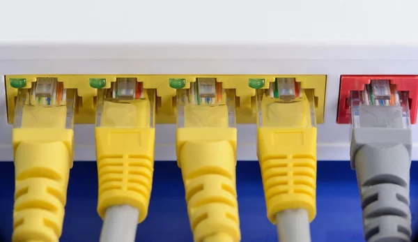 Several Rj45 Lan Cables Connected Router Formed Communication Network — Stock Photo, Image