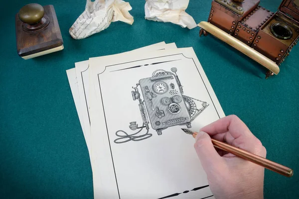 男人画了一张电话的草图 手拿笔画画 — 图库照片