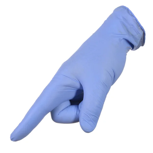 Right Hand Blu Rubber Glove Pointing Index Finger Isolated White — Stock Photo, Image