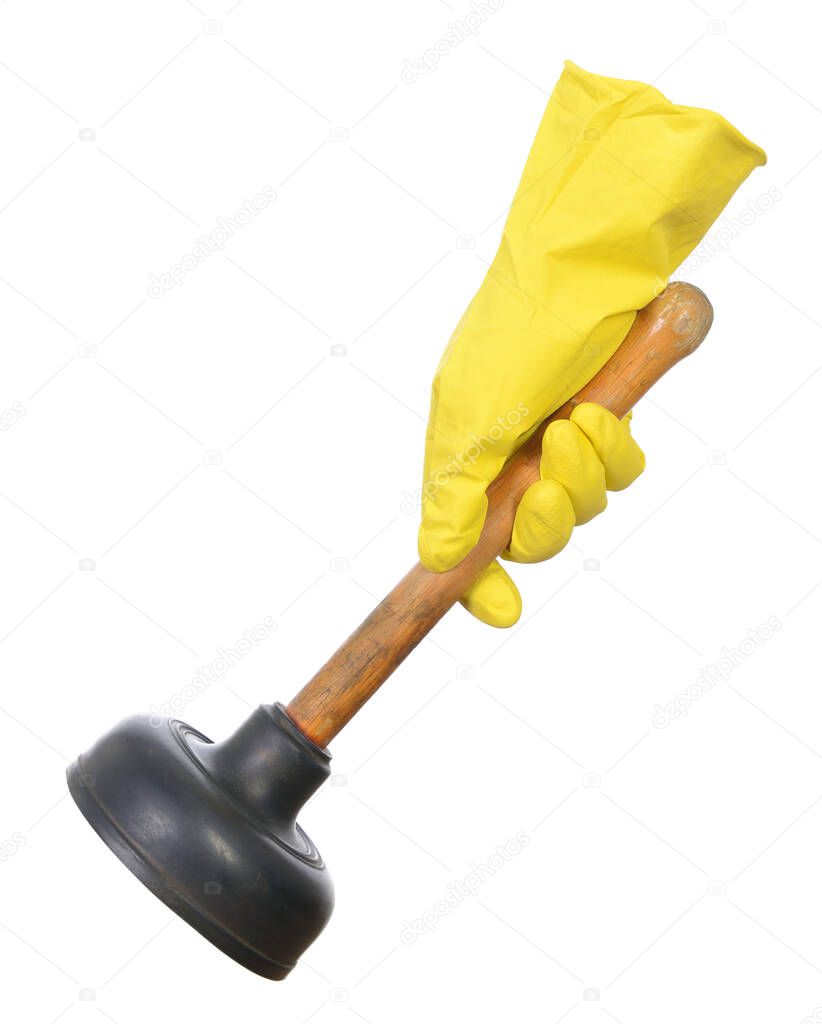 Hand holding old plunger isolated on white background.