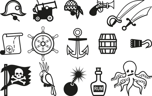 Conjunto Iconos Negros Simples Sobre Tema Pirata Sobre Fondo Blanco — Archivo Imágenes Vectoriales