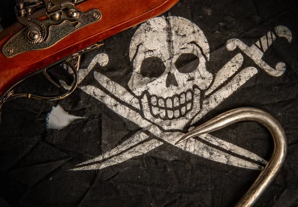 Black Pirate Flag Jolly Roger Pistol Steel Sharp Hook — Stock Photo, Image