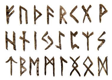 Eski Vikingler ve İskandinav alfabesi beyaz arka planda el yazısıyla yazılmış ve izole edilmiş.