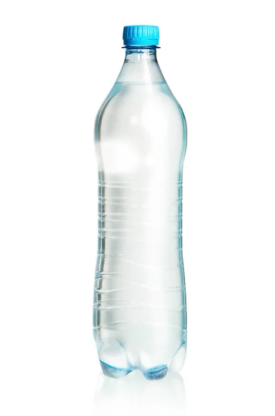Transparent Closed Plastic Bottle Full Water Blue Cap Isolated White — Stock Photo, Image