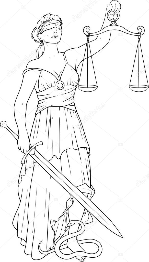 Simple Black Silhouette of Themis Goddess of Justice with a blindfold and a scale in one hand and a sword in the other