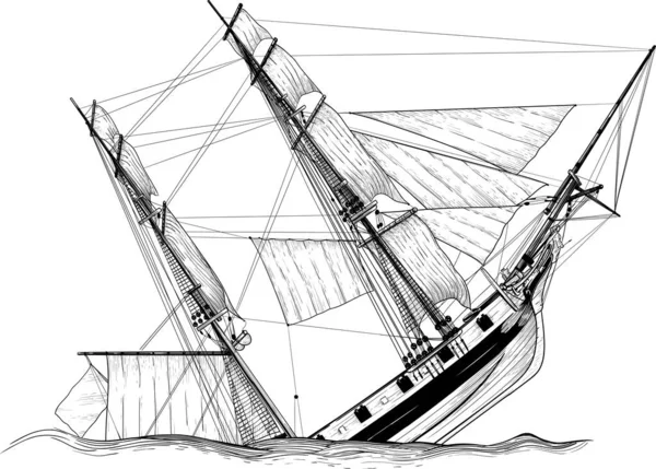 Bateau Voile Pirate Submersible Naufragé Isolé Sur Fond Blanc — Image vectorielle