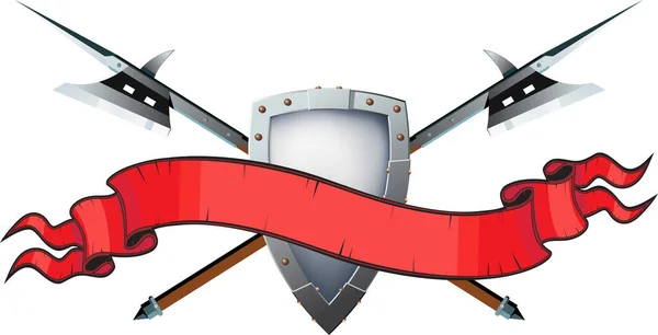 两面交叉的钢制护盾和红色缎带 用于在白色背景上隔离的文字 — 图库矢量图片