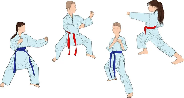 Niños Niñas Kimonos Blancos Practican Karate Pie Una Postura Lucha — Archivo Imágenes Vectoriales