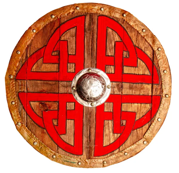 Viking Escudo Marrom Madeira Redondo Decorado Com Padrão Vermelho Preto — Fotografia de Stock