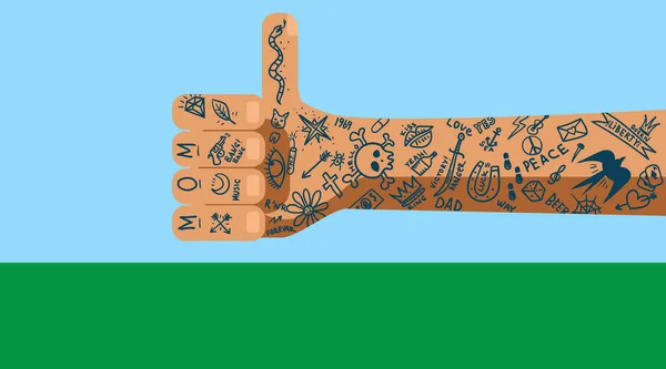 Een Primitieve Hand Getekend Met Vele Eenvoudige Maar Trendy Tatoeages — Stockvector